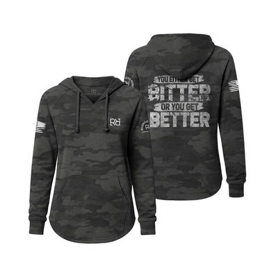 Black camouflage hoodie with text on the front and back, on a white background