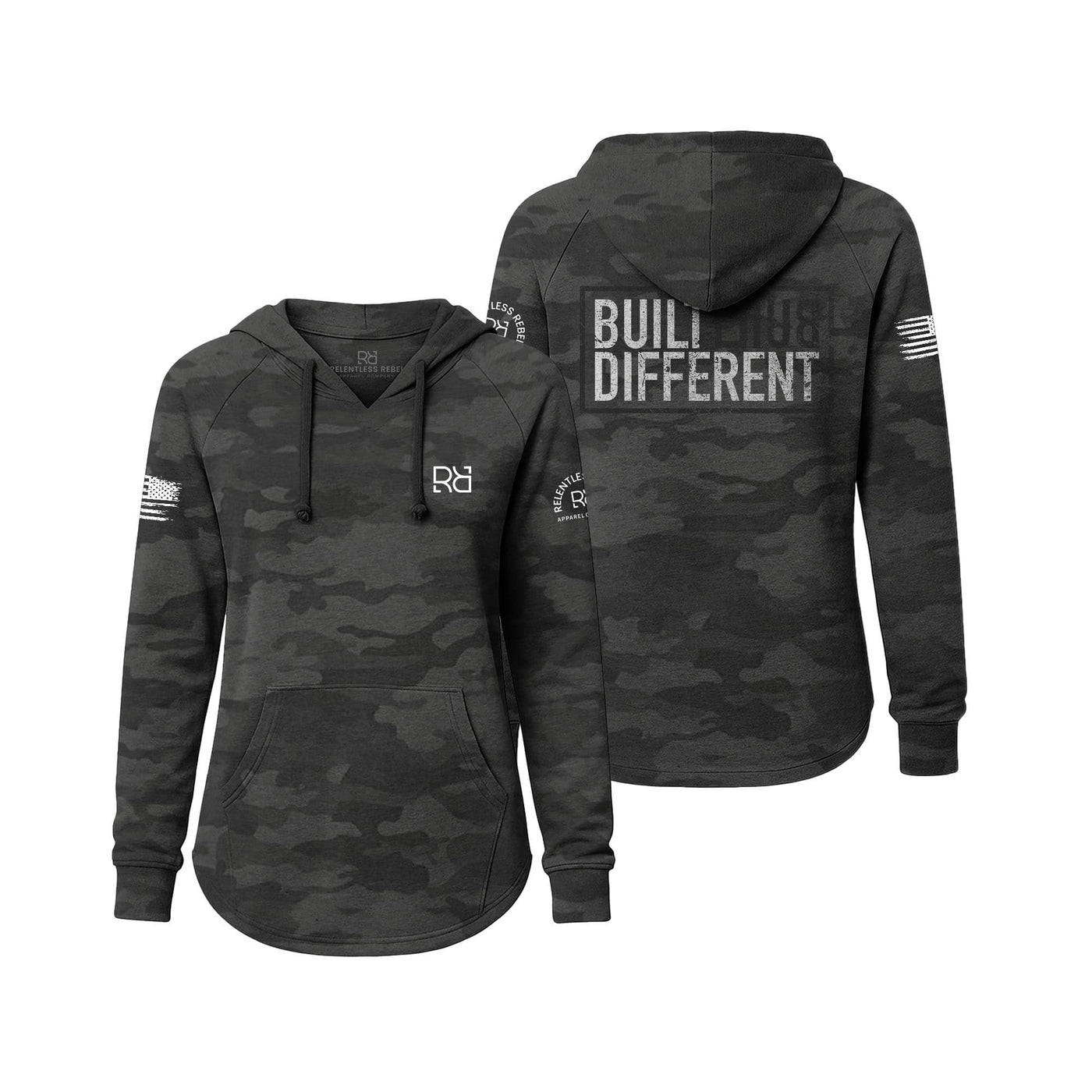 Black Camo Women's Wave Hoodie with Built Different on the back