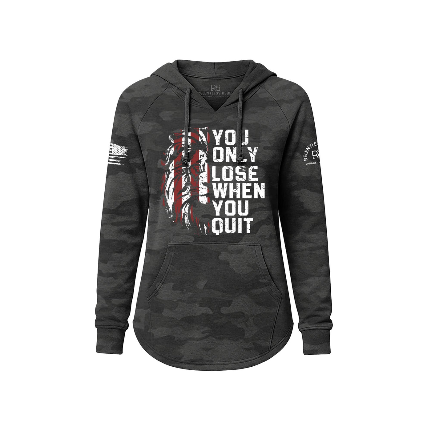 Black Camouflage hoodie with motivational text and flag design on a white background