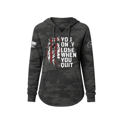 Black Camouflage hoodie with motivational text and flag design on a white background