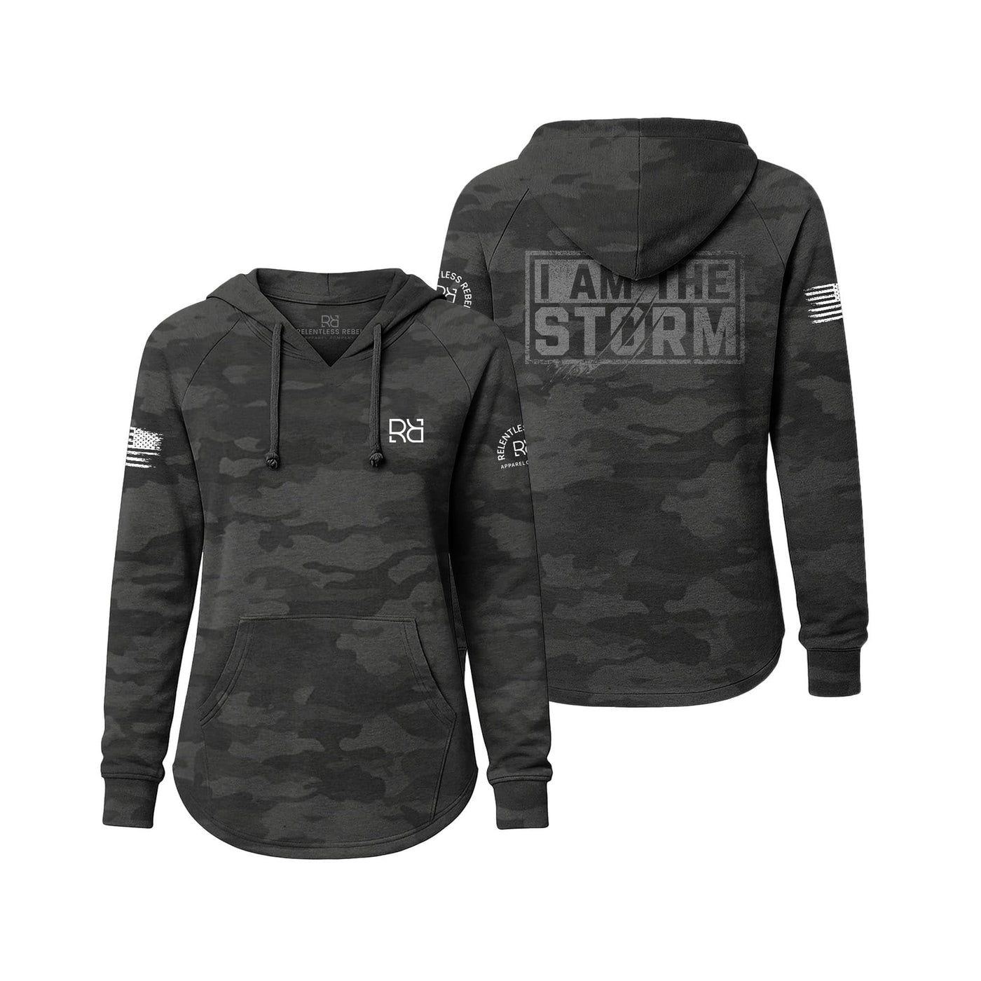 Black camouflage hoodie with 'I AM THE STORM' text on a white background