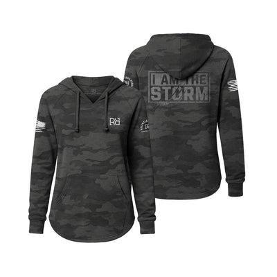 Black camouflage hoodie with 'I AM THE STORM' text on a white background