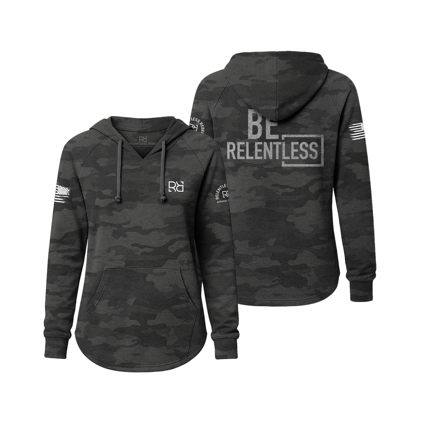 Black camo hoodie with 'Be Relentless' text on a white background