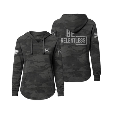 Black camo hoodie with 'Be Relentless' text on a white background
