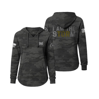 Black camouflage hoodie with 'I AM THE STORM' text on a white background