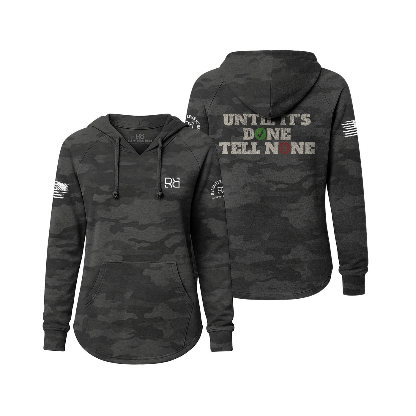 Black camouflage hoodie with text on the back, displayed from front and back views.