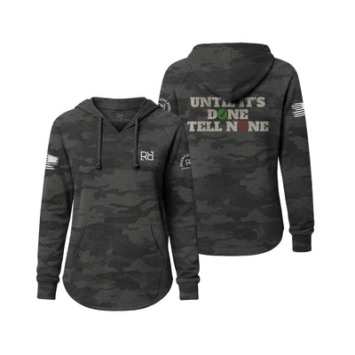 Black camouflage hoodie with text on the back, displayed from front and back views.