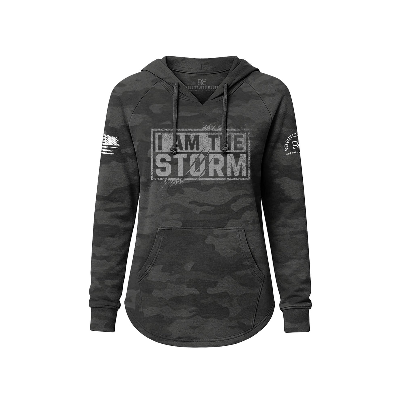 Black Camouflage hoodie with 'I AM THE STORM' text on a white background