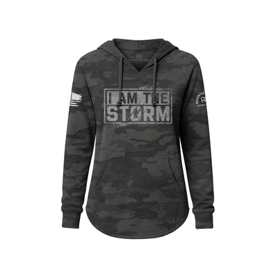 Black Camouflage hoodie with 'I AM THE STORM' text on a white background