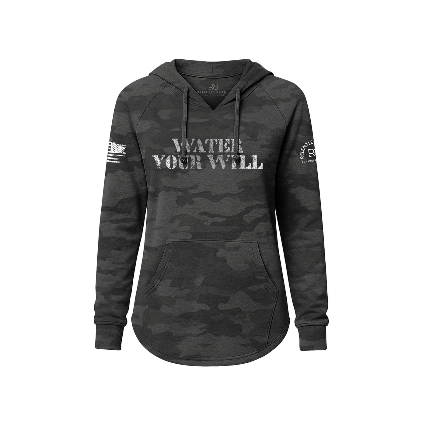 Black camouflage hoodie with 'Water Your Will' text on a white background