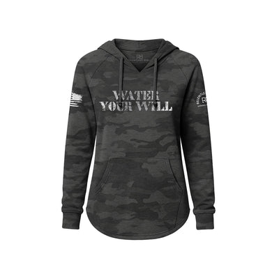 Black camouflage hoodie with 'Water Your Will' text on a white background