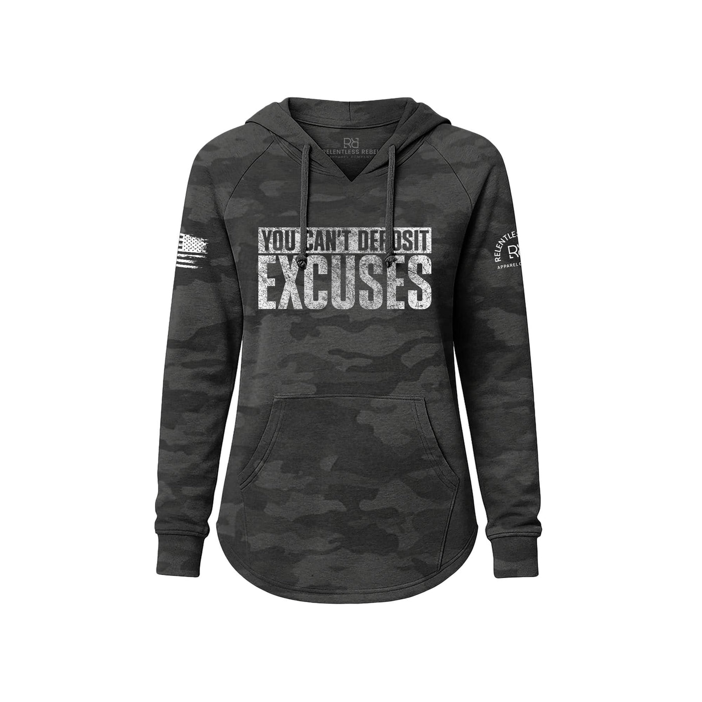 Black Camouflage hoodie with motivational text on a white background