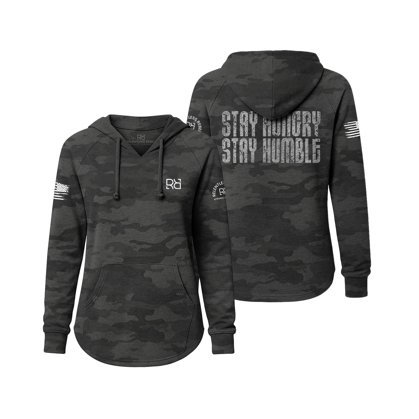 Black camouflage hoodie with 'Stay Hungry Stay Humble' text on a white background