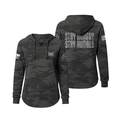 Black camouflage hoodie with 'Stay Hungry Stay Humble' text on a white background