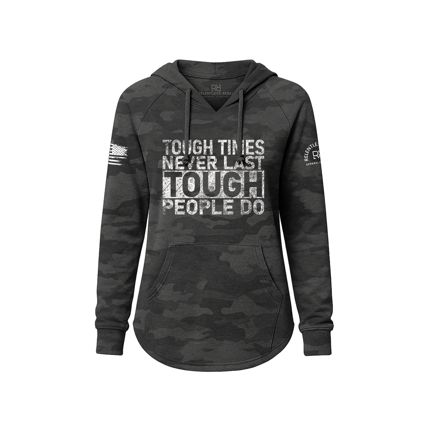 Black camouflage hoodie with motivational text on a white background