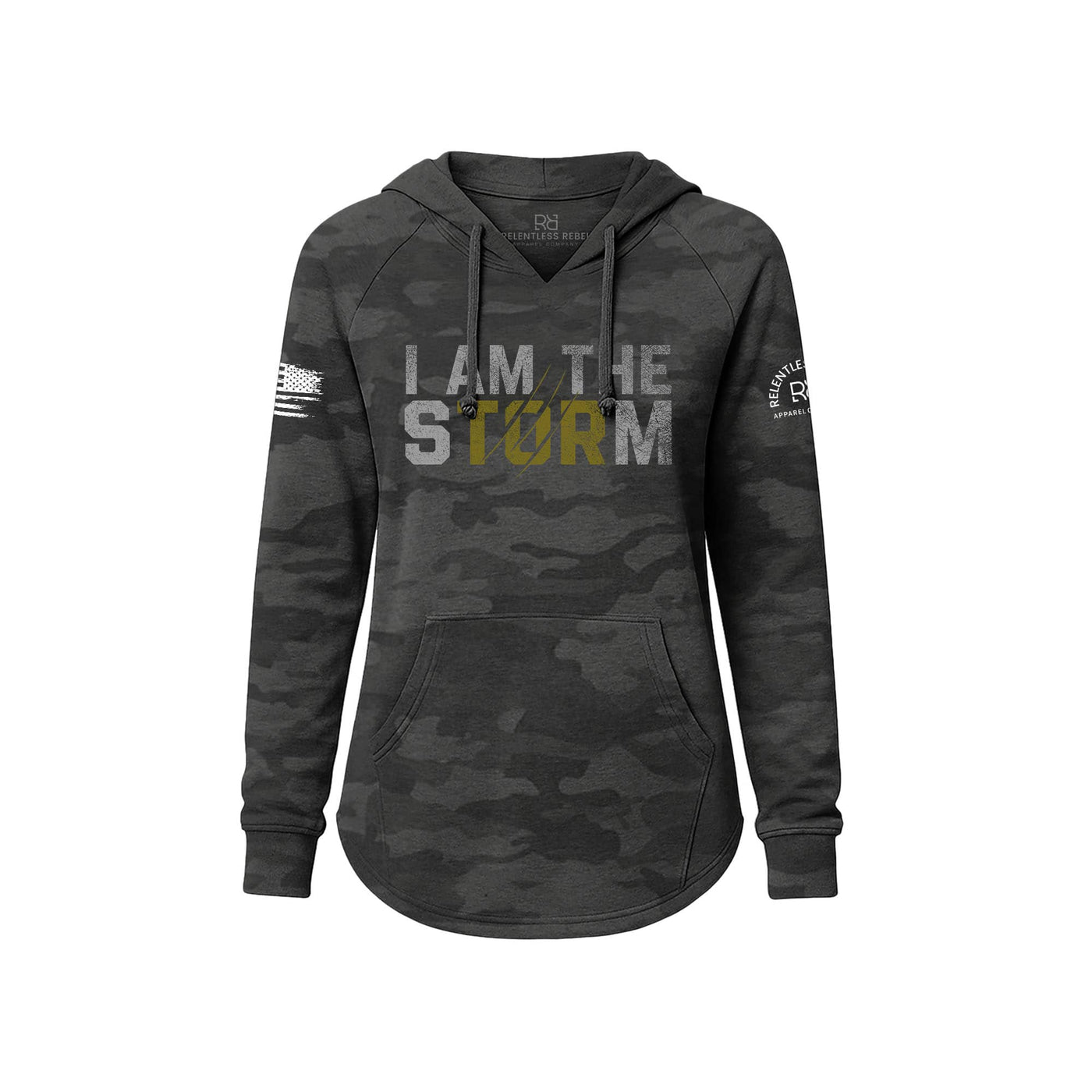 Black Camouflage hoodie with 'I AM THE STORM' text on a white background