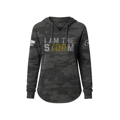 Black Camouflage hoodie with 'I AM THE STORM' text on a white background