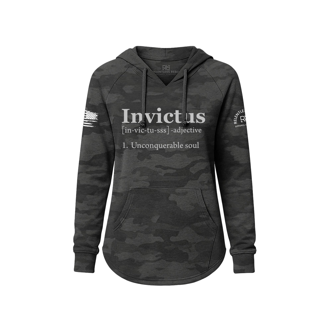 Black camo hoodie with 'Invictus' text on a white background