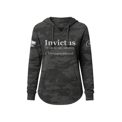 Black camo hoodie with 'Invictus' text on a white background