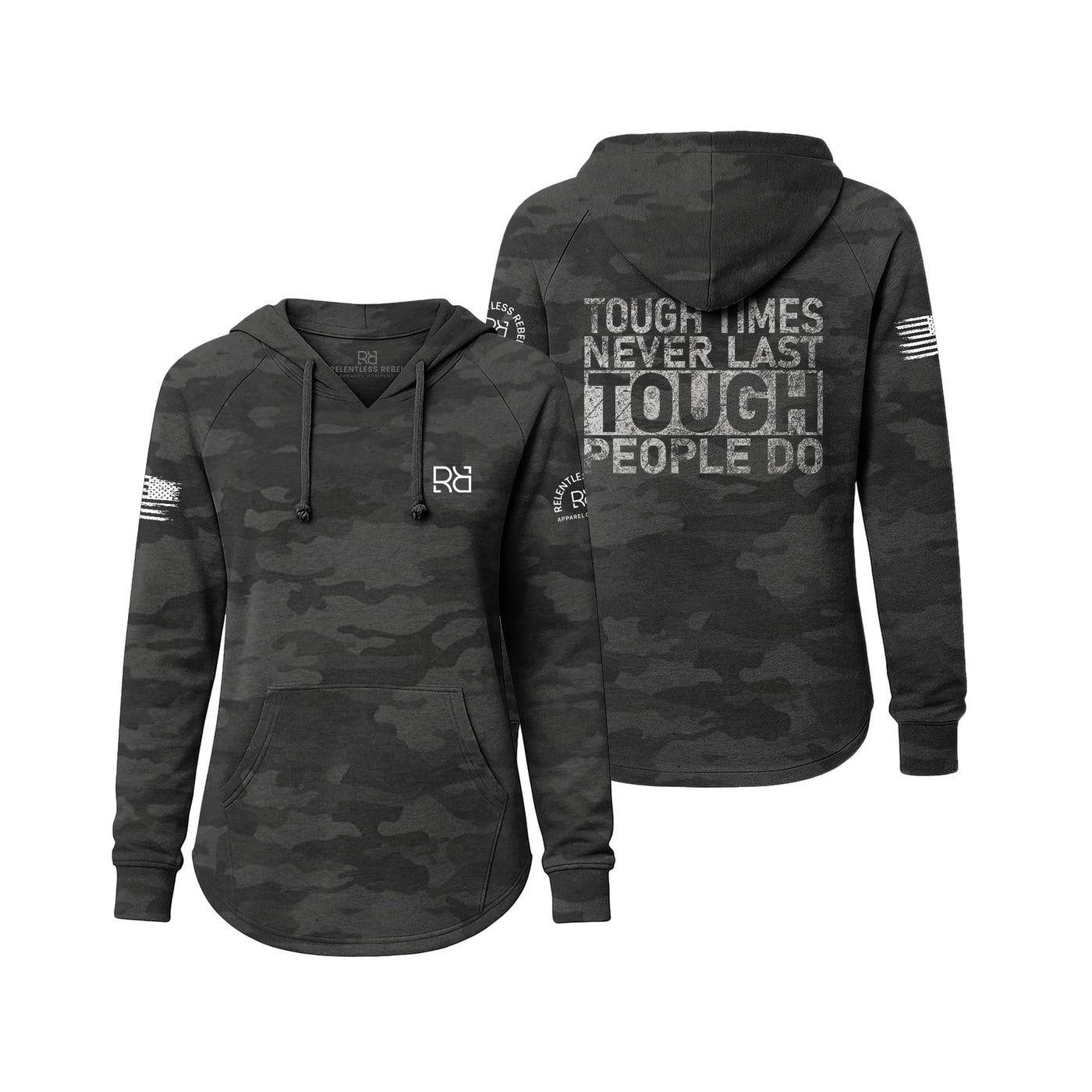 Black camouflage hoodie with text on the back, displayed from front and back views.
