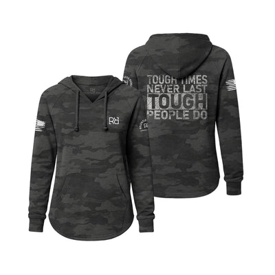 Black camouflage hoodie with text on the back, displayed from front and back views.