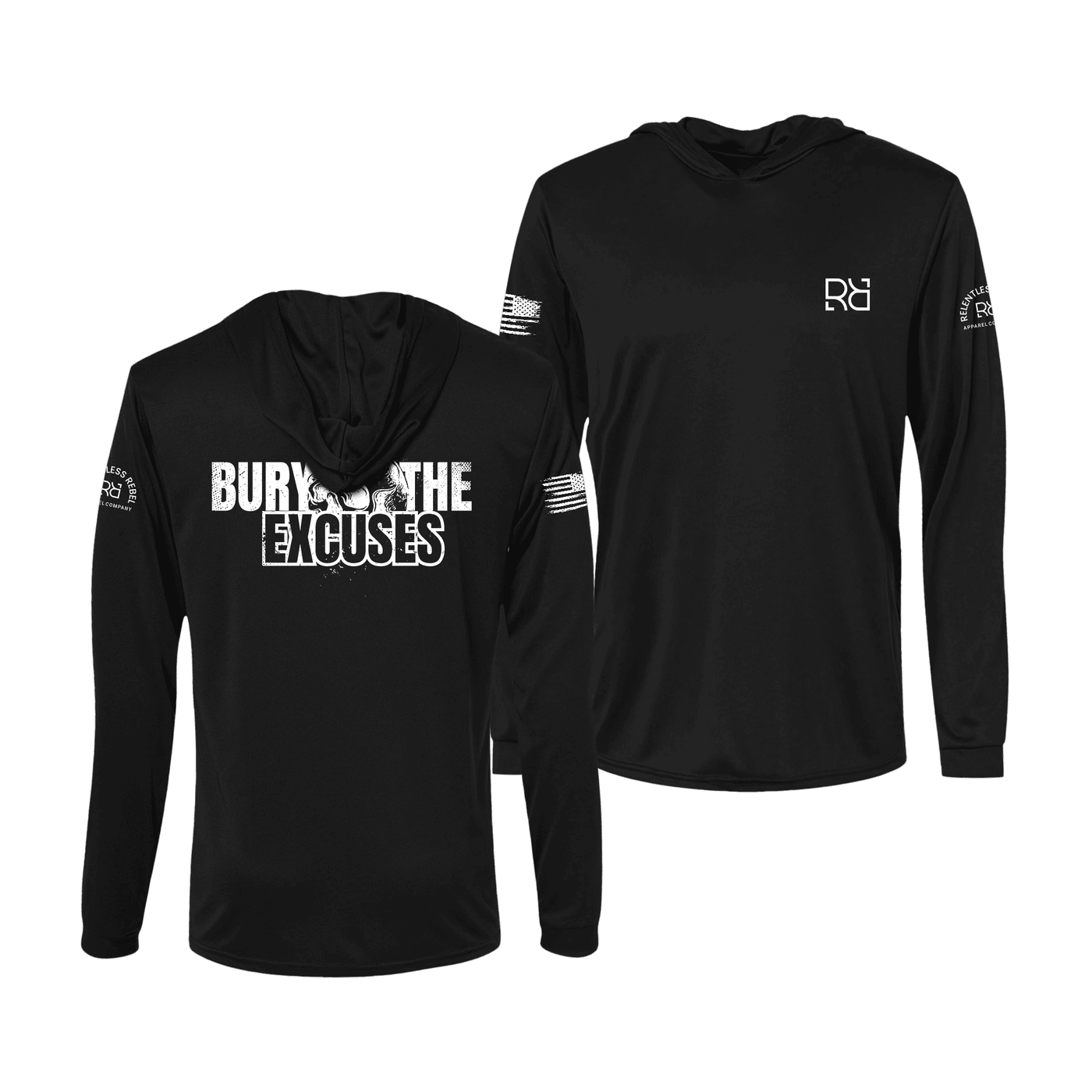Black long-sleeve hoodie with text and logos on a white background