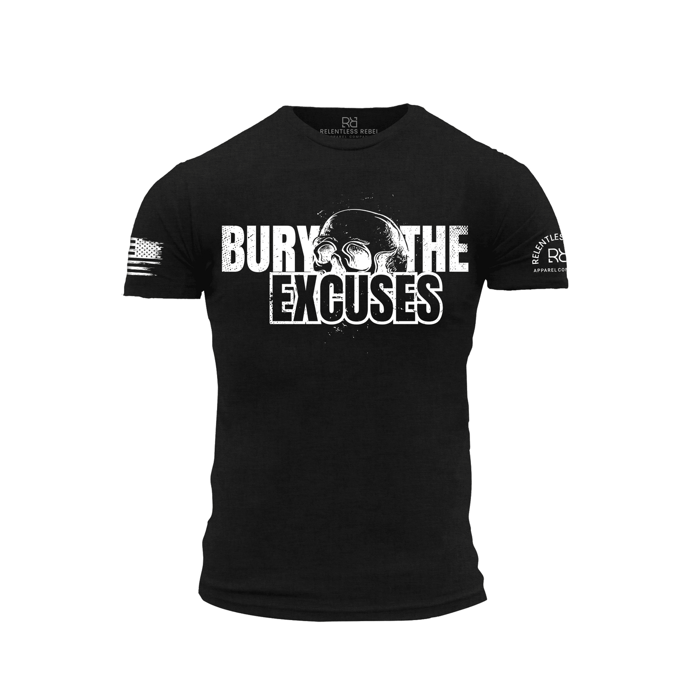 Black t-shirt with 'Bury The Excuses' text and graphics on a white background