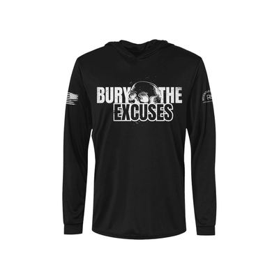 Black long-sleeve hoodie with 'Bury the Excuses' text and skull design on a white background