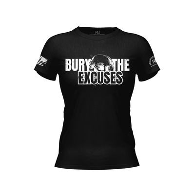 Black t-shirt with 'Bury The Excuses' text and graphics on a white background