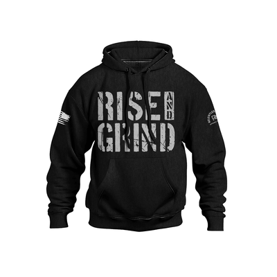 Black hoodie with 'Rise and Grind' text on a white background