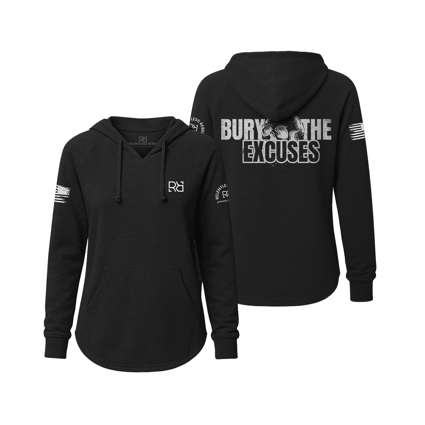 Black hoodie with text and logos on a white background