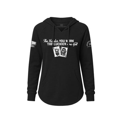 Black hoodie with white text and graphics on a white background