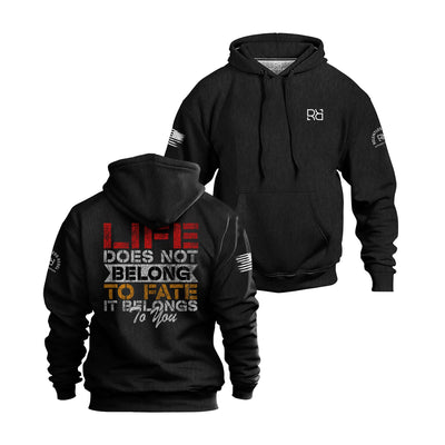 Black hoodie with text and logo on a white background