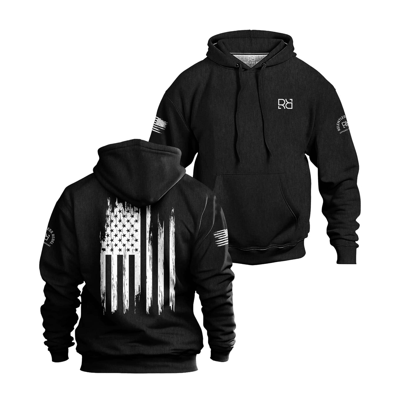 Black hoodie with American flag design on the back, displayed from front and back views.