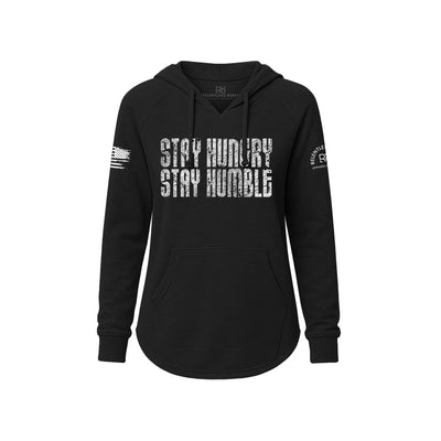 Black hoodie with 'Stay Hungry Stay Humble' text on a white background
