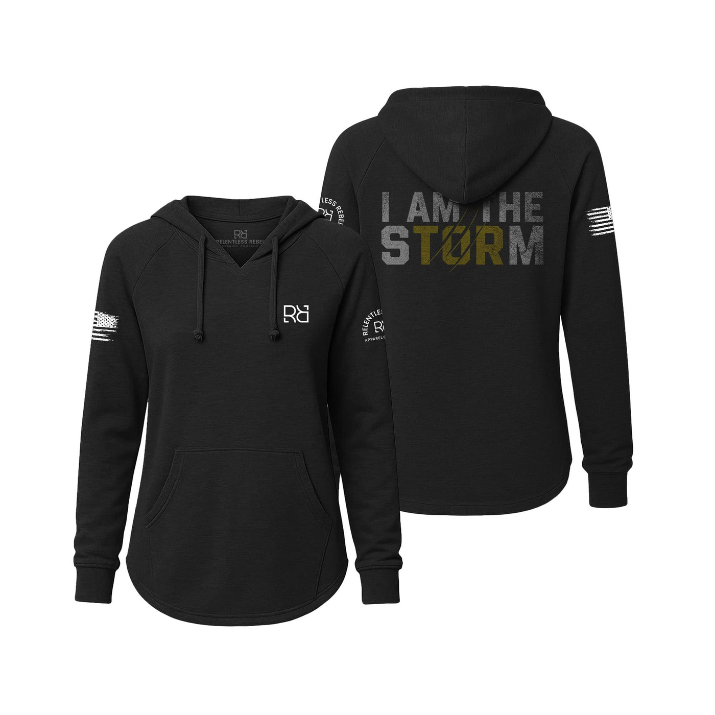 Black hoodie with 'I AM THE STORM' text on the back, displayed from front and back views.