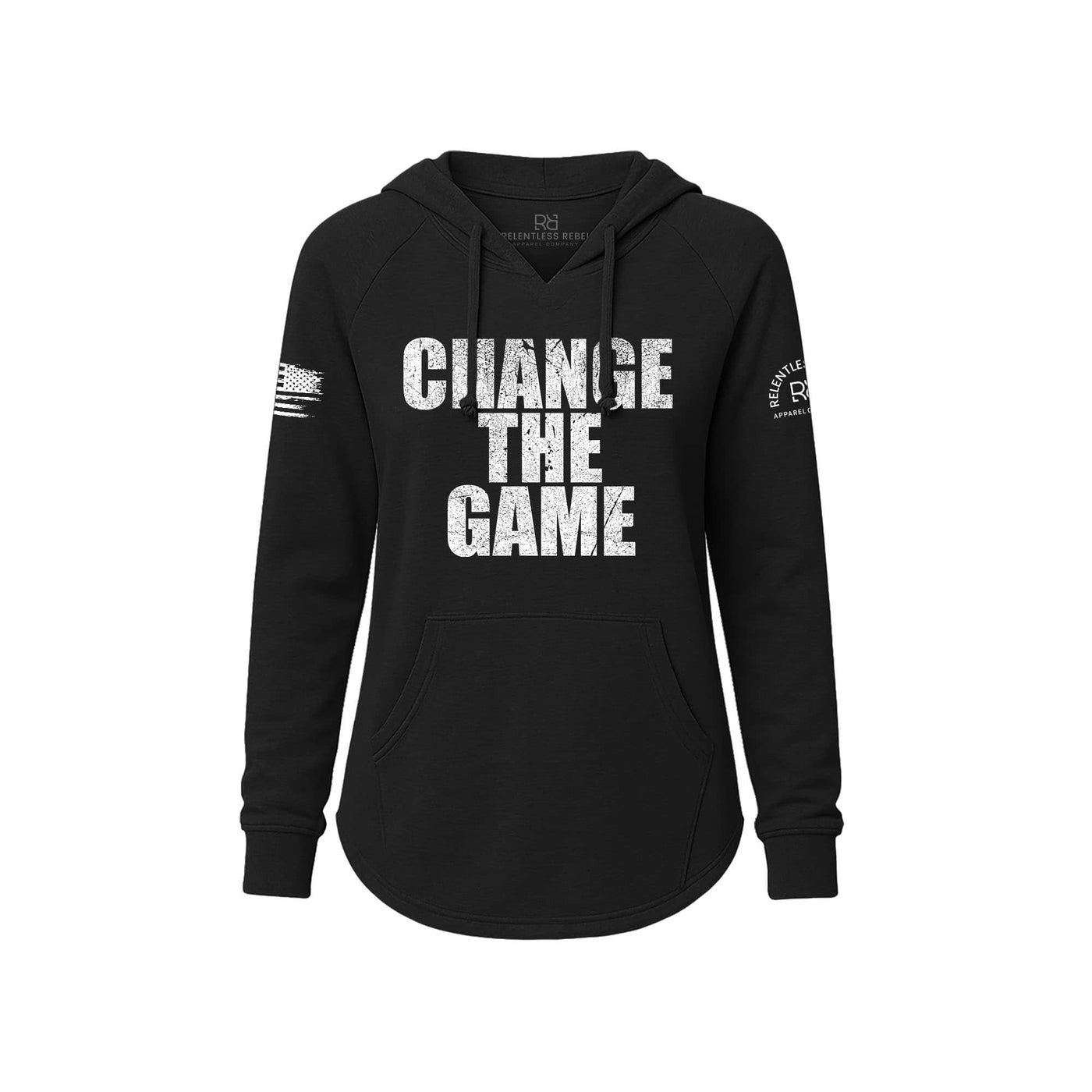 Black hoodie with 'CHANGE THE GAME' text on a white background