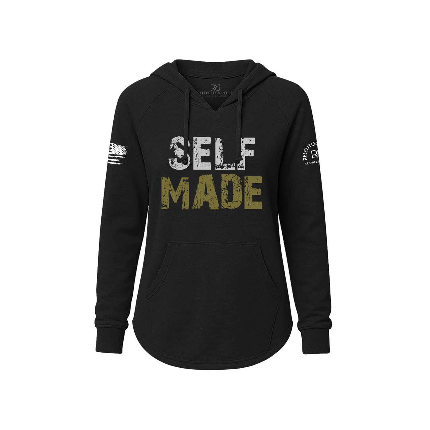 Black hoodie with 'SELF MADE' text on a white background