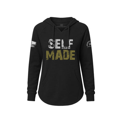 Black hoodie with 'SELF MADE' text on a white background