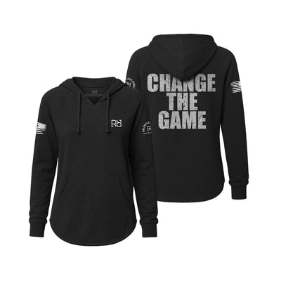 Black hoodie with 'Change The Game' text on the back, worn by a person.