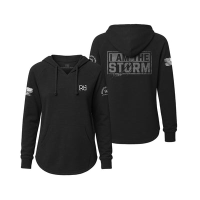 Black hoodie with 'I am the Storm' text on a white background