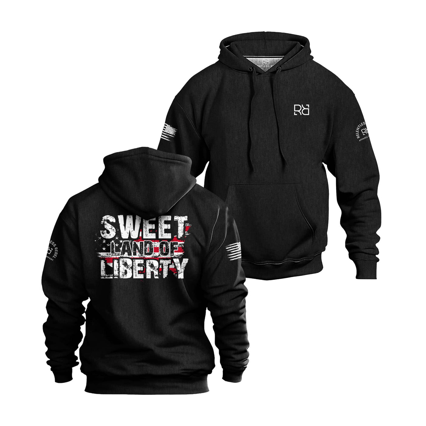 Black hoodie with 'Sweet Land of Liberty' text on the back, displayed from front and back views.