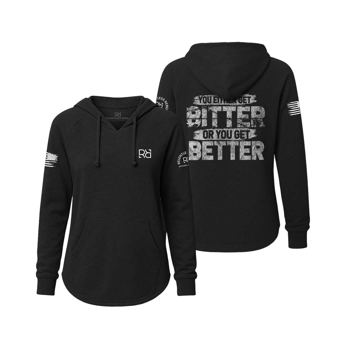 Black hoodie with text on the front and back, displayed on a white background