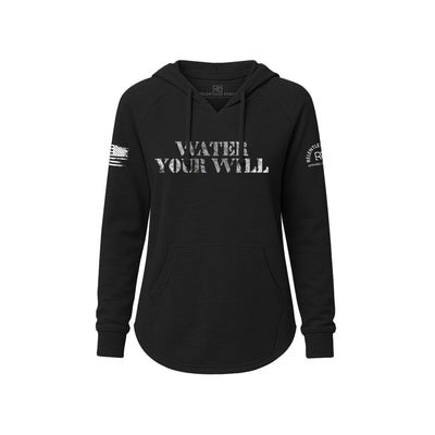 Black hoodie with 'Water Your Will' text on a white background