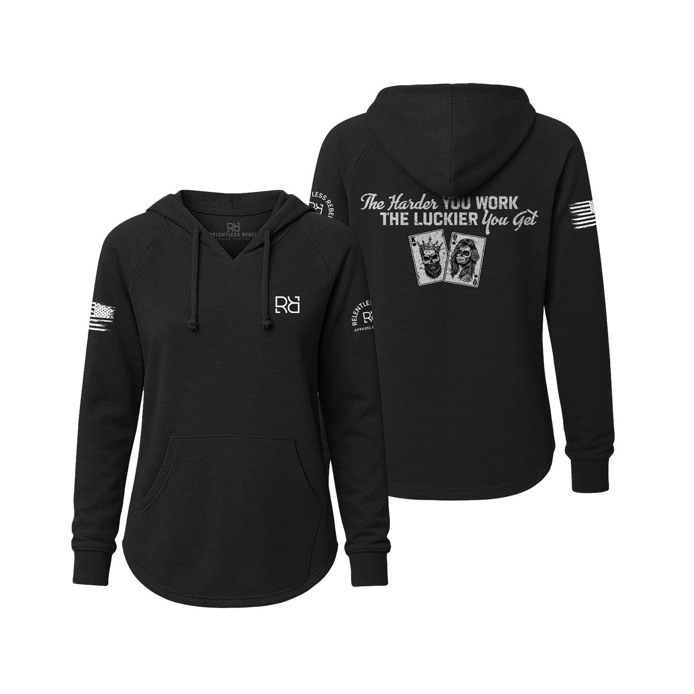 Black hoodie with text and logos on a white background