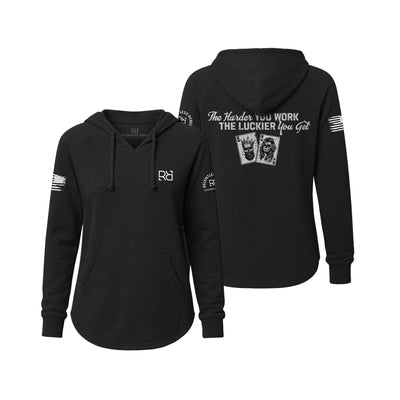 Black hoodie with text and logos on a white background