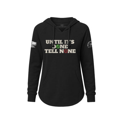 Black hoodie with text and sleeve designs on a white background