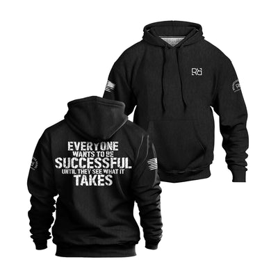 Black hoodie with text on front and back, brand logo visible