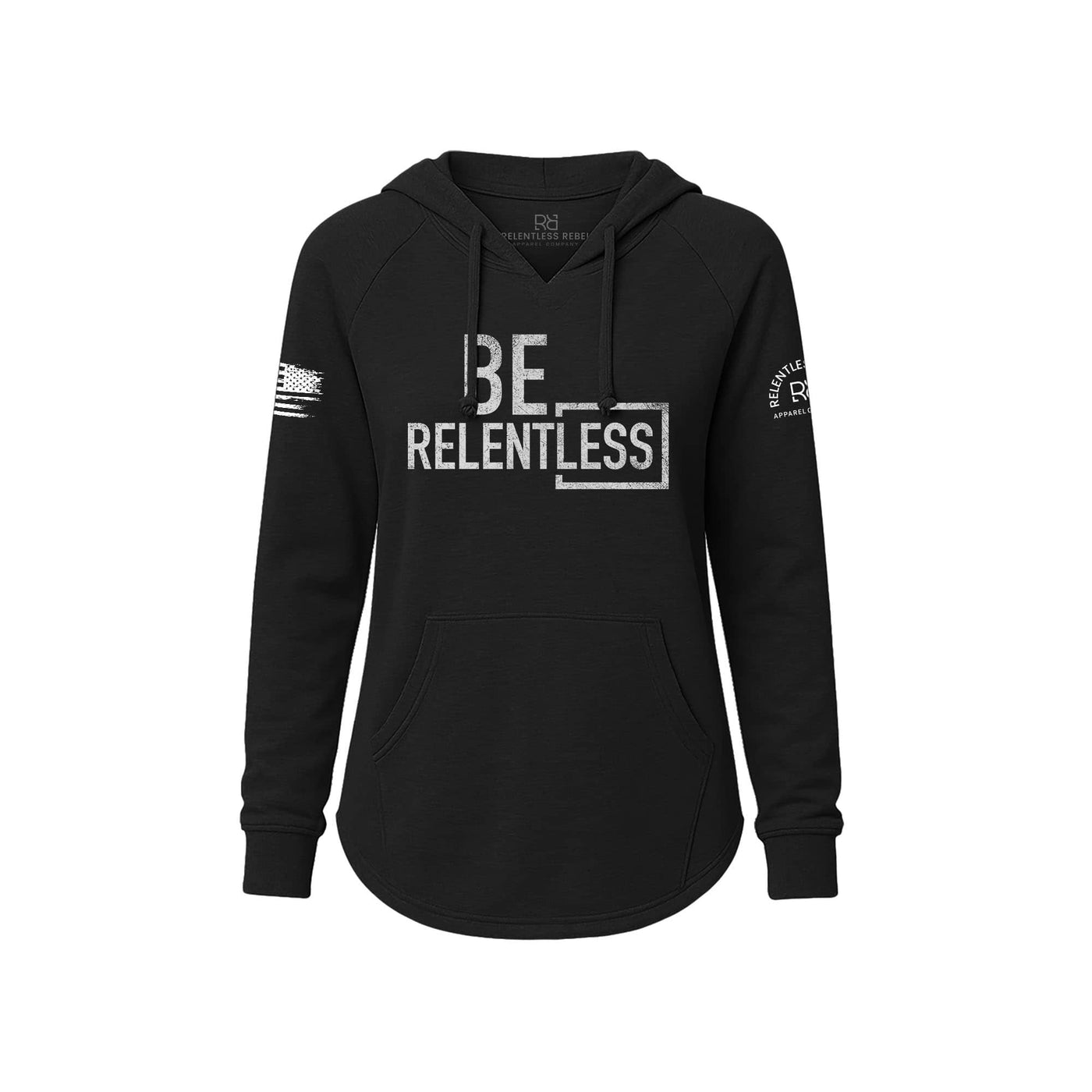 Black hoodie with 'BE RELENTLESS' text on a white background