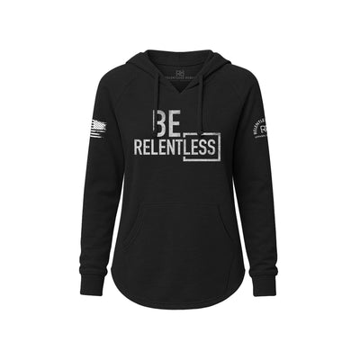 Black hoodie with 'BE RELENTLESS' text on a white background